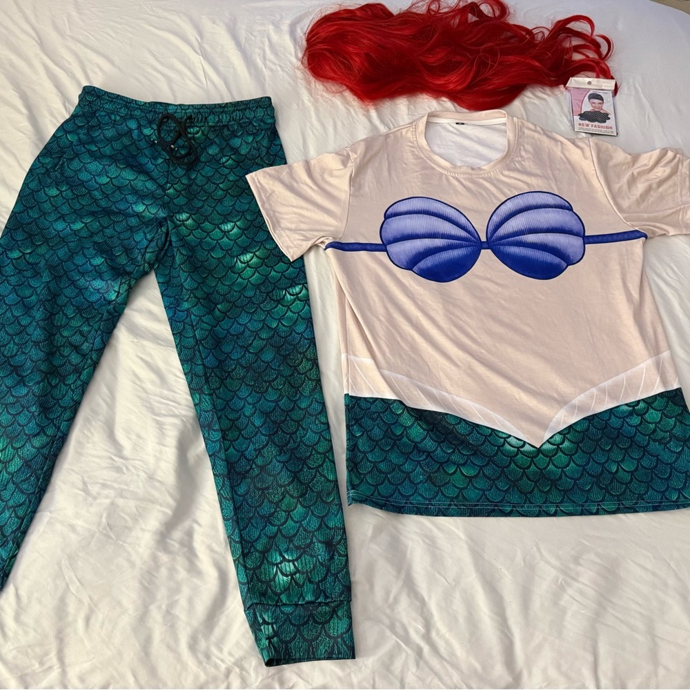 Mermaid Graphic Tee & Scaled Joggers Set with Red Wig